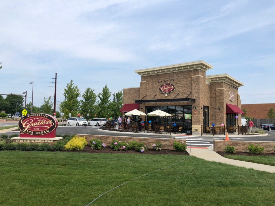 Standalone Graeter's Ice Cream shop on a sunny day with blue sky and few