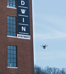 Baldwin Apartments exterior with drone flying nearby