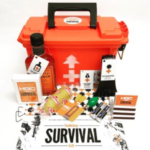 Orange ammo box with Holiday Survival gift displayed