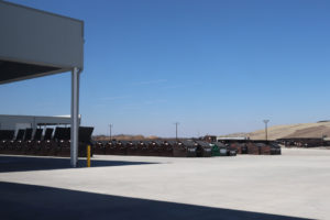 The exterior of the Rumpke container facility. Rows and rows of large dumpsters, most brown but one green recycling dumpster in the center. Dusty hills can be seen in the background, and bright blue skies.