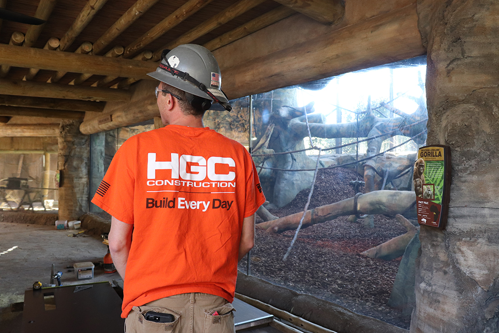 A construction worker stands in front of a large glass wall reveals a habitat for gorillas.