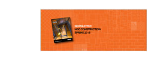 An orange background with gridwork overlay. The cover of the Spring Newsletter is displayed, angled slightly. The cover features an aerial view of a large wooden staircase with steel rails, and bright yellow globe lights dangling through the center of the stairwell.
