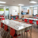 A brightly-lit elementary classroom, ready for the school year. The desks are arranged in clusters of seven, with the teachers desk and pale wood cabinets are in the fair right corner near the windows. The chairs are a cheerful red, and there are brightly colored bins and books on the shelves along the wall. The door is glass, and an extra bit of glass wall next to the door lets in extra light.