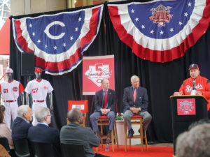 Speakers at the Reds Hall of Fame ribbon cutting