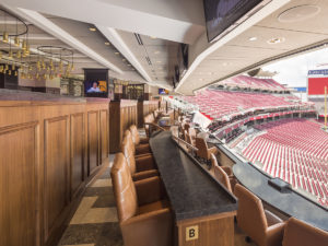 Tiered table seating in Boone County Bourbon Press Club at Great American Ball Park