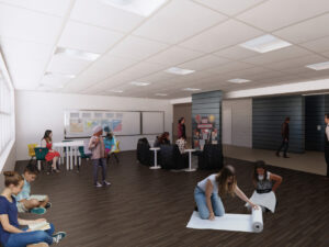 Rendering of upcoming renovation to Seven Hills School Middle School, common area