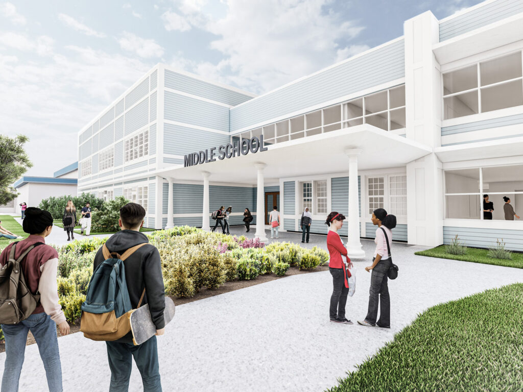 Rendering of upcoming renovation to Seven Hills School Middle School, entry