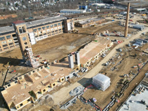 aerial view of Factory 52 job site as of January 2022, site work and framing underway