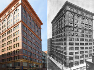 Current and historic photos of Textile Building, side by side
